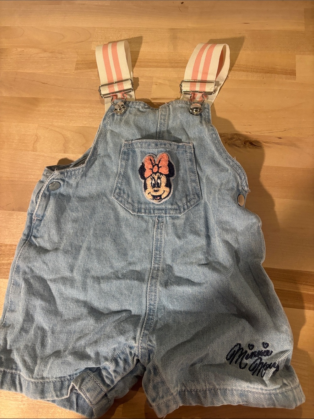 Disney Light Blue Denim Short Overalls with Pink Striped Straps size 6-9 months